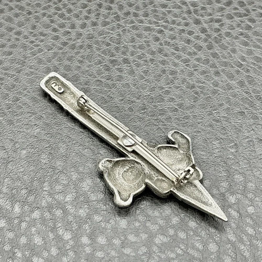 Vintage JJ Brooch Teacher Pin Silver Tone No.1 Teacher Bear Pencil 2.5 Inch